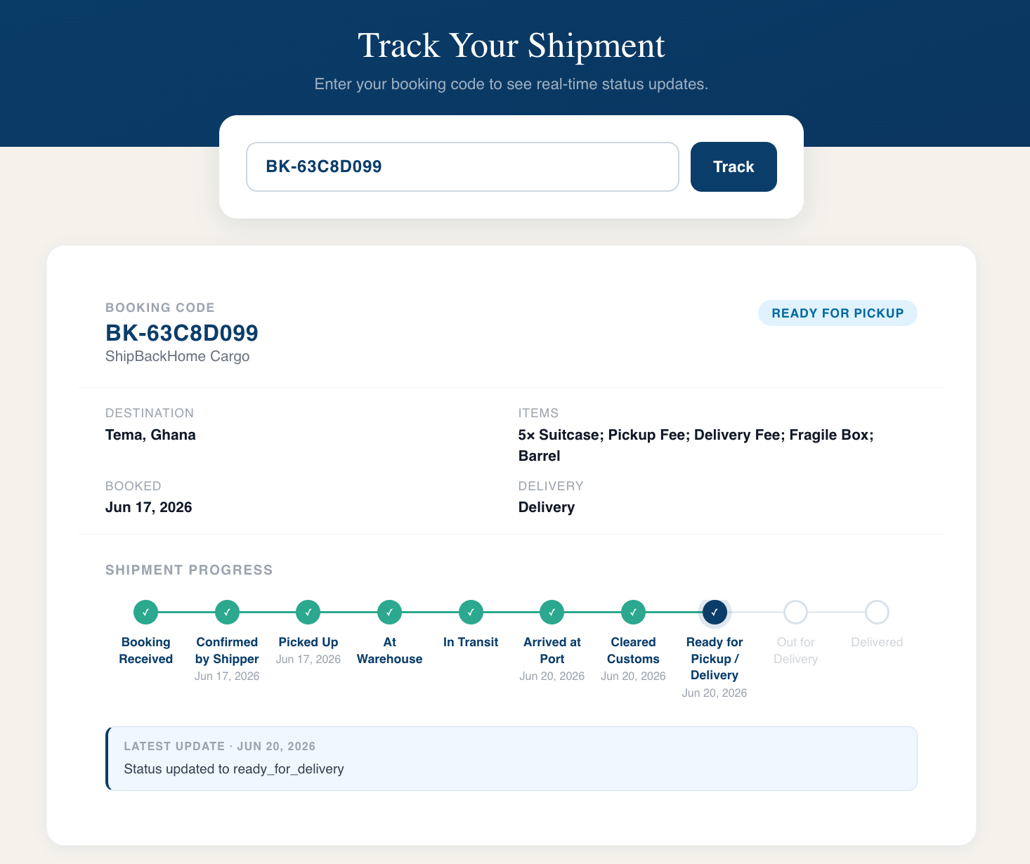 Shipment tracking page